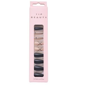 TIP BEAUTY Matte Coffin W/Stripe & Criss Cross Nails & Glue Set, 24ct, Grey Nude